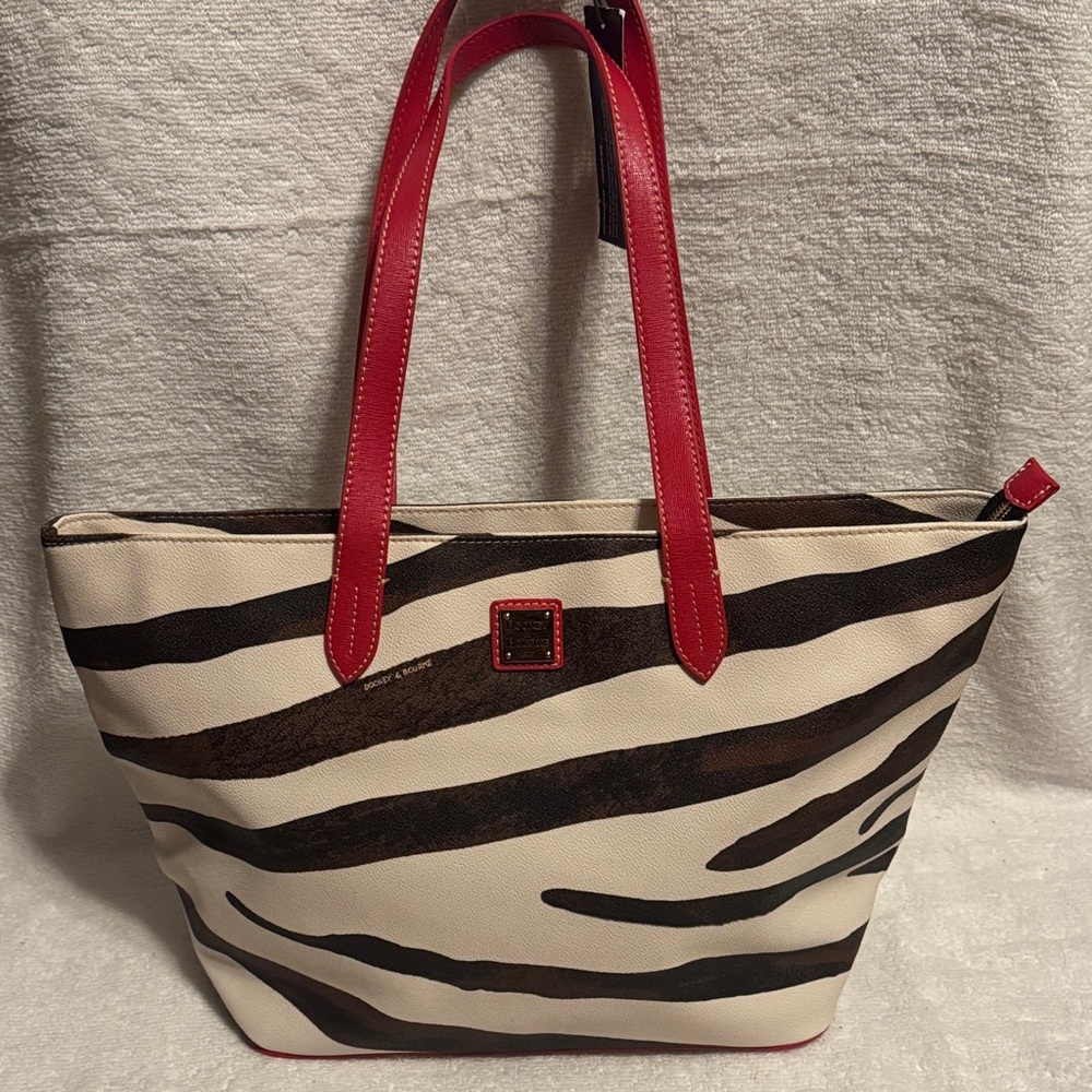 Dooney and Bourke Stylish Zebra Print Tote Bag with Red Accents - New!